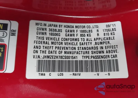 2012 Honda Insight Ex z USA, uszkodzony, nr VIN JHMZE2H78CS001541